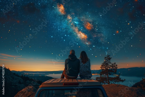 A couple stargazing from the roof of a camper van photo