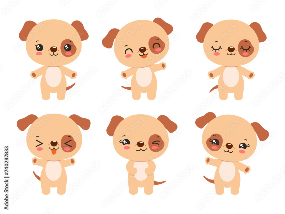 Cartoon cute dog kawaii style emoji icon set. Fun puppy character for kids. Adorable little dog children vector chibi animal. Fun facial expressions - calm, happy, laughing, smiling, waving, winking. Cartoon cute dog kawaii style emoji icon set. Fun puppy character for kids. Adorable little dog children vector chibi animal. Fun facial expressions - calm, happy, laughing, smiling, waving, winking.