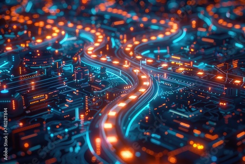 Electronic circuit board imitating highway and city lights from above, blue and red technological background. photo