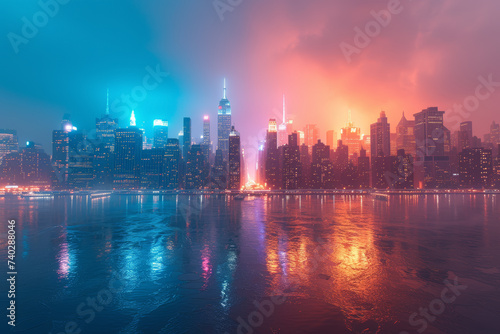 A city skyline during both day and night, illustrating the transformation of urban landscapes with changing light conditions. Concept of diurnal contrast. Generative Ai. © Sebastian