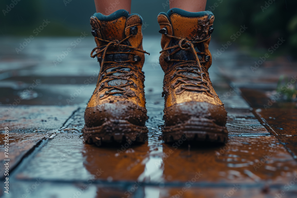 A close-up of a hiker's muddy boots against a clean, tiled floor, symbolizing the transition from nature to urban spaces. Concept of outdoor exploration. Generative Ai. A close-up of a hiker's muddy boots against a clean, tiled floor, symbolizing the transition from nature to urban spaces. Concept of outdoor exploration. Generative Ai.