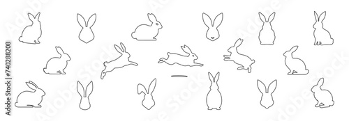 Set of rabbits in outline. Easter bunnies. Isolated on a white backdrop. Simple black icons of hares. Cute animals. Suitable for logo  emblem  pictogram  print  greeting card. Design elements