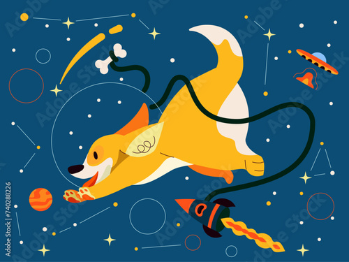 Corgi cute dog in space vector illustration. Cute corgi dog floating in space cartoon vector. Funny corgi astronaut dog space adventure illustration