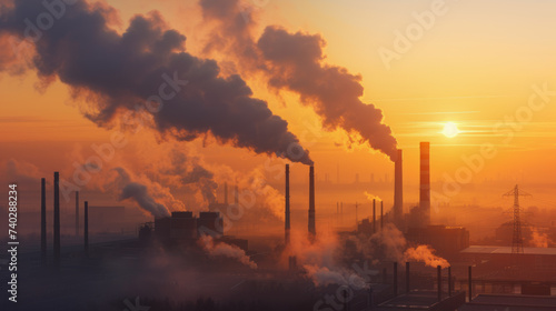 Pollution emissions from factories in the fog at sunrise