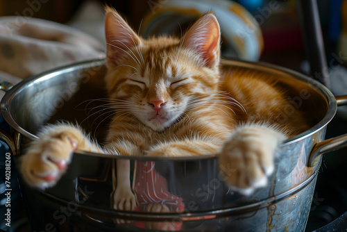 Blissful Ginger Cat Dozing in a Shiny Cooking Pot, Domestic Kitchen Scene photo