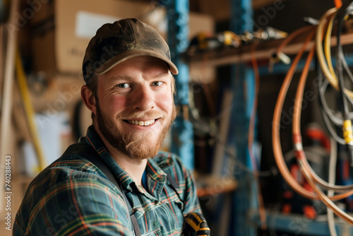 Smiling Young Electrician in Camo Cap, Workshop Background