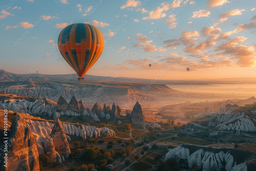 A hot air balloon floating in the air with spectacular views