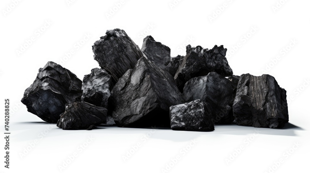 Diverse Black Coal Chunks Scattered on Clean White Background for Industrial Concept Design