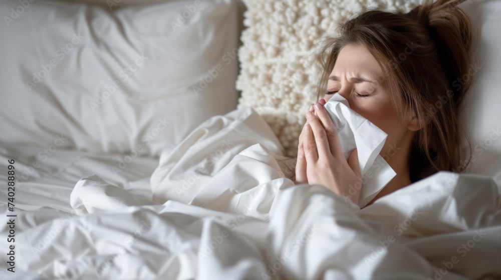 woman lying in bed, blowing her nose into a tissue, suggesting she might be unwell, possibly with a cold or allergy. woman lying in bed, blowing her nose into a tissue, suggesting she might be unwell, possibly with a cold or allergy.