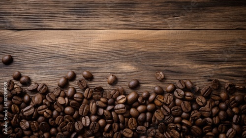 Rich Aroma of Coffee Beans on Vintage Oak Table, Warm Rustic Setting for Cafe Background