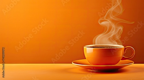 Aromatic Coffee Cup Emitting Hot Steam, Perfect Morning Brew on Orange Background
