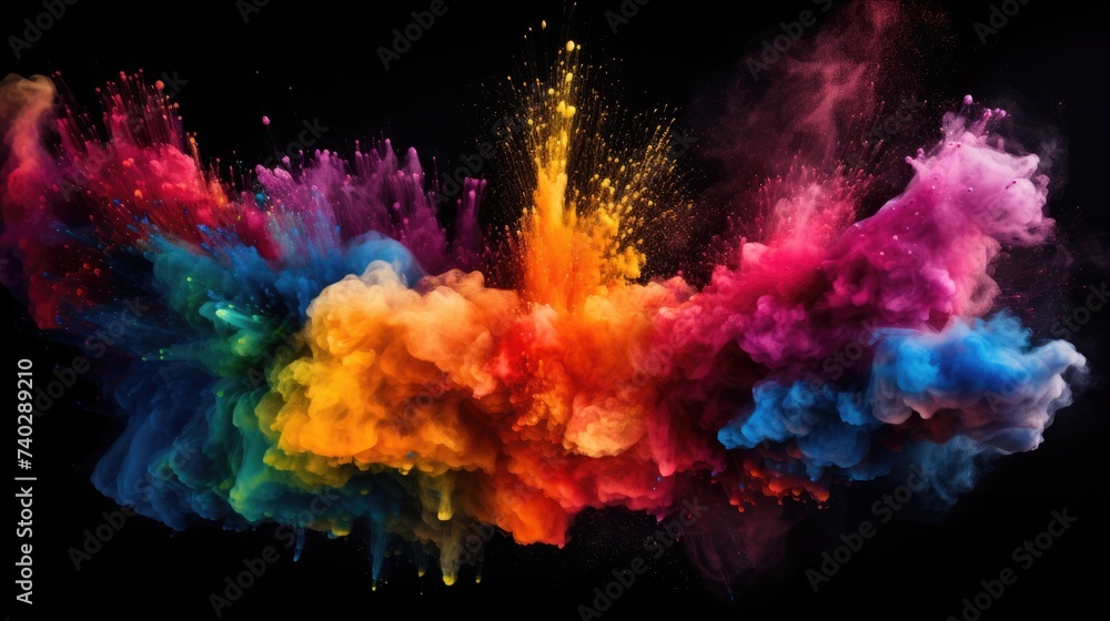 Vibrant Colorful Dust Cloud Bursting in Spectacular Explosion on Dark Surface
