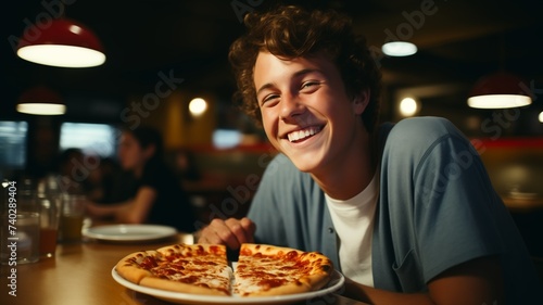 A young boy eats a pizza