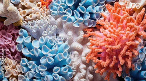 Vibrant Coral Reef Close-Up  Diverse Marine Ecosystem of Colors  Shapes  and Textures