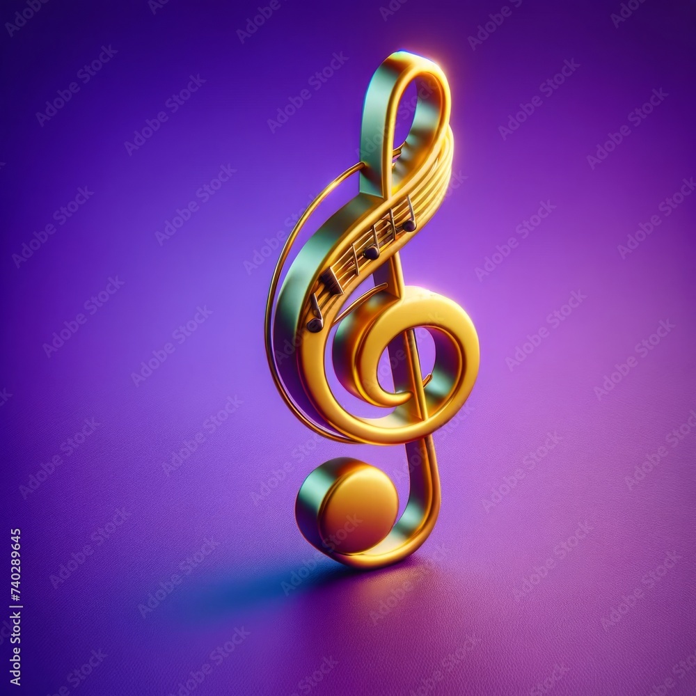 Fototapeta premium Single golden quaver treble clef on vivid purple 3D background.