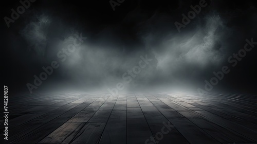 Ethereal Mist Engulfs Wooden Floored Dark Room, Creating a Mysterious Atmosphere