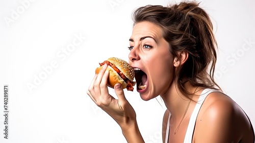 Girl with pleasure bites a sleepy burger on a white background