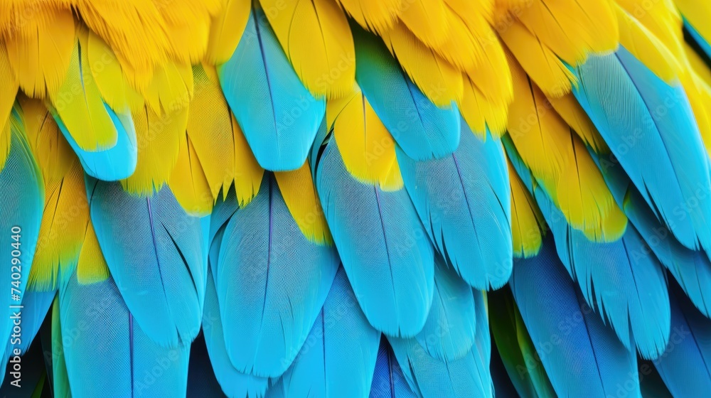 Vibrant Blue and Yellow Macaw Feathers Close-Up, Exotic Beauty of Nature Vibrant Blue and Yellow Macaw Feathers Close-Up, Exotic Beauty of Nature