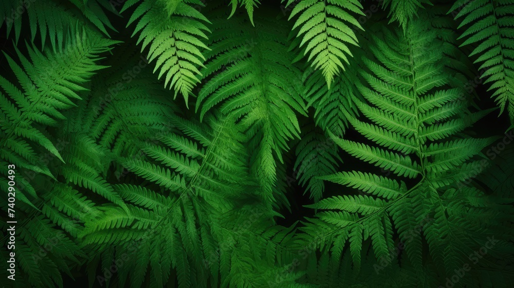 Lush Green Fern Leaves: Abstract Nature Background with Tropical Foliage Patterns