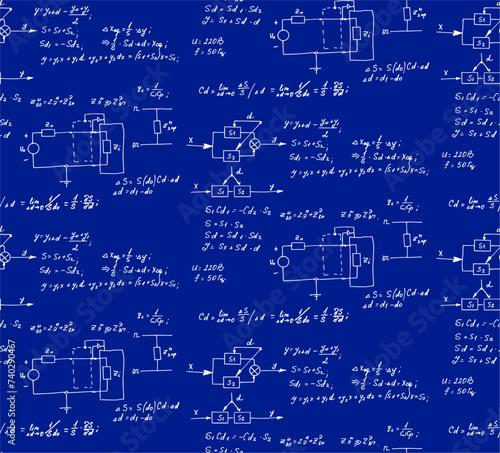 Physics, electronic engineering, mathematics equation, scheme and calculations, endless hand writing. Vector blueprint. Technology seamless pattern.