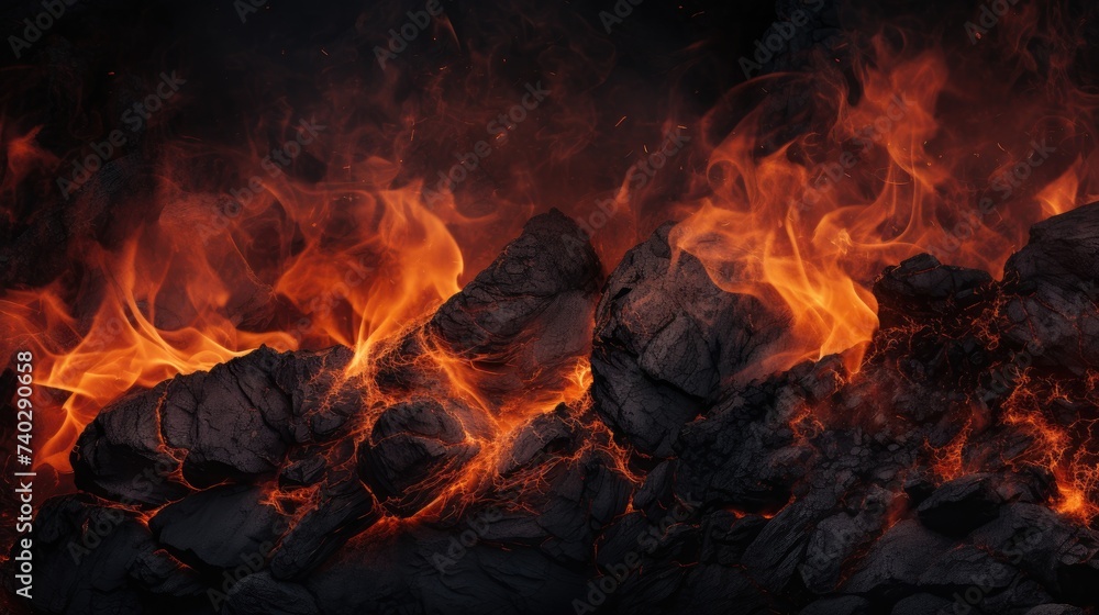 Enigmatic Fiery Glow Illuminating the Night: Mystical Fire Coals Abstract Background - obrazy, fototapety, plakaty 