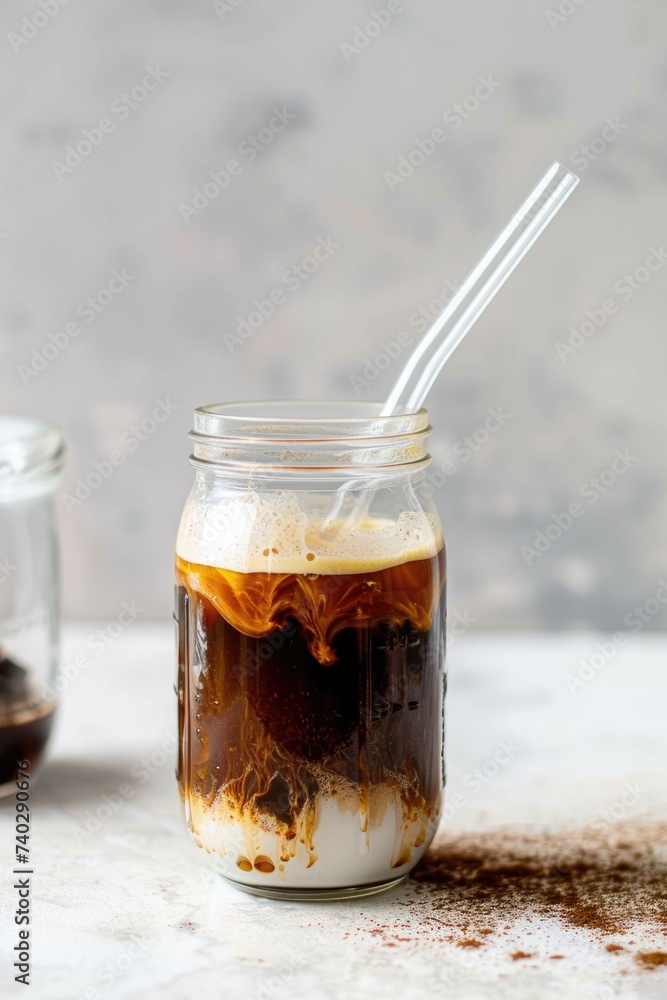 A glass jar filled with homemade cold brew coffee, topped with ice and a plastic straw sticking out of it. The refreshing beverage is perfect for cooling down on a hot day. A glass jar filled with homemade cold brew coffee, topped with ice and a plastic straw sticking out of it. The refreshing beverage is perfect for cooling down on a hot day.