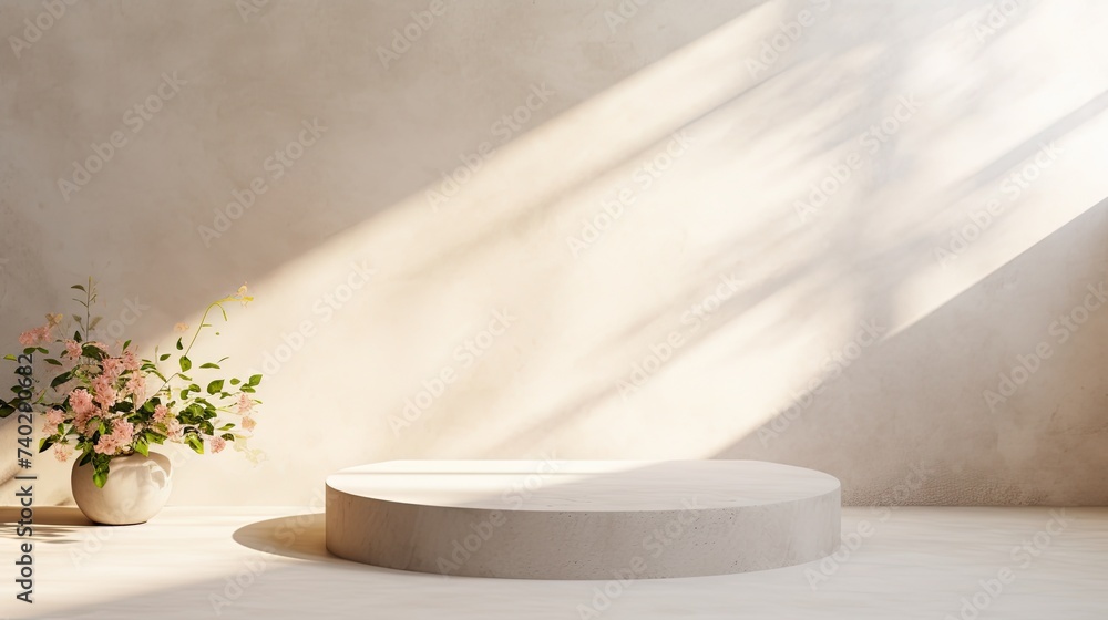 Elegant Vase of Flowers Gracefully Adorning a Sunlit Neutral Podium Display Elegant Vase of Flowers Gracefully Adorning a Sunlit Neutral Podium Display
