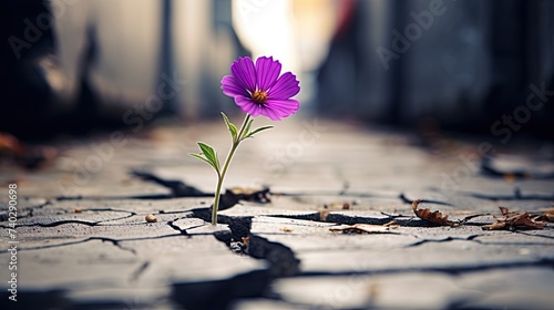 Resilient Purple Flower Blossoming Amidst the Cracked Concrete Jungle photo