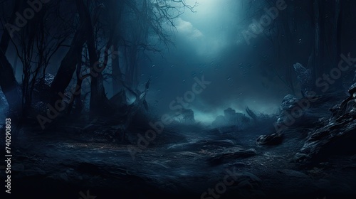 Enchanting Glow Pierces Through Mysterious Forest Canopy at Night in a Surreal Scene © StockKing