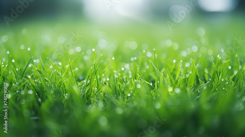 Refreshing Dew Drops on Lush Green Grass Underneath the Morning Sun
