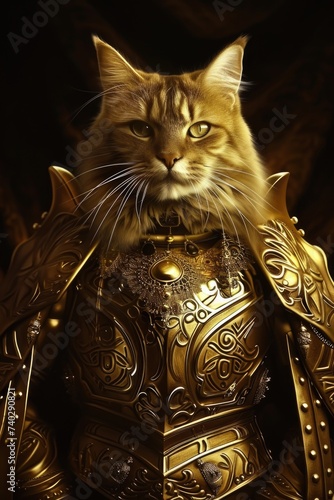 A cat dressed in armor poses for a picture.