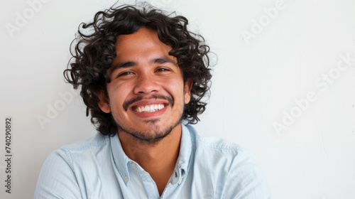 A cheerful man with curly hair smiles widely, wearing a light blue shirt against a white background. © MP Studio