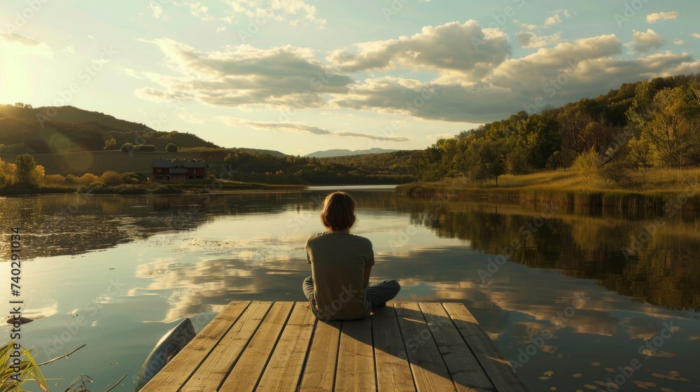 Person Sitting on a Dock Overlooking a Tranquil Lake at Sunset Person Sitting on a Dock Overlooking a Tranquil Lake at Sunset