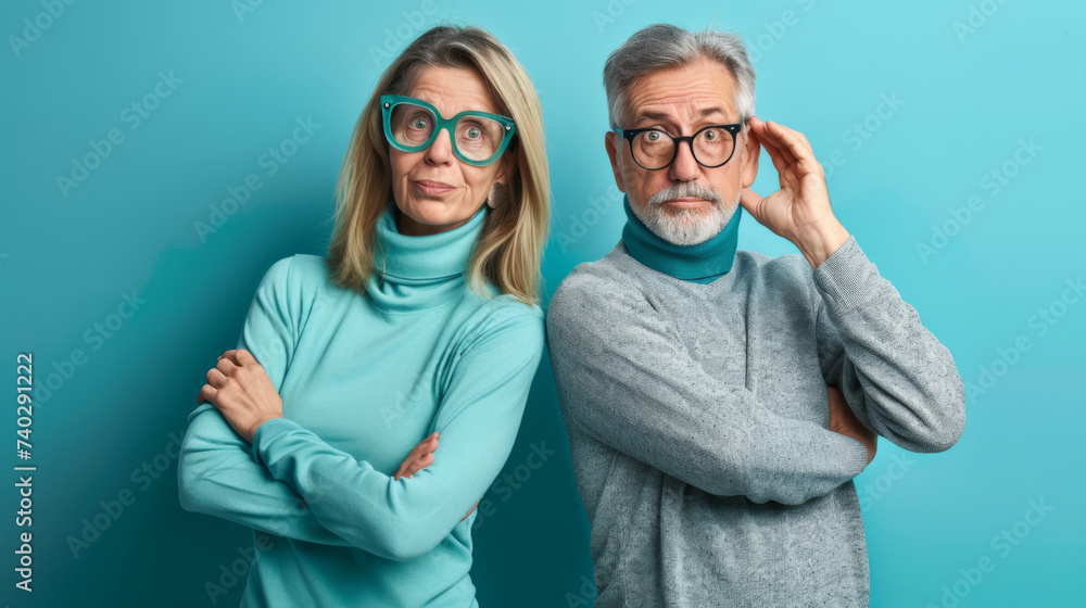 A stylish mature couple in turtlenecks and glasses stand confidently with crossed arms against a blue background, exuding happiness and companionship.