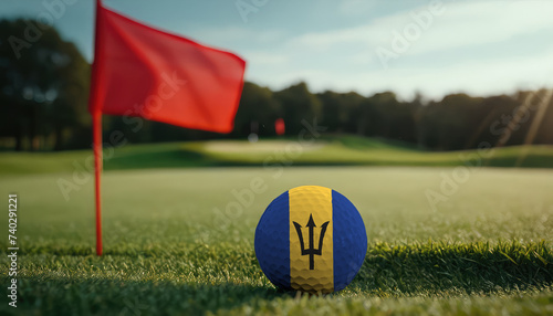 Golf ball with Barbados flag on green lawn or field  most popular sport in the world