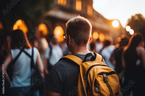 Young man with yellow backpack in a bustling city street at dusk.