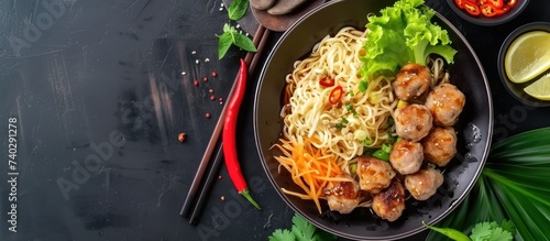 noodles with chicken and served with meatballs photo