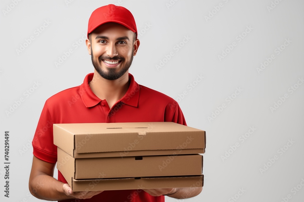 Young deliveryman in red cap with pizza boxes Young deliveryman in red cap with pizza boxes