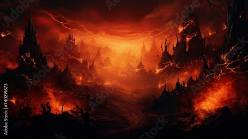 Eerie Fiery Nightmare: Dark and Ominous Red and Orange Landscape with Stormy Sky