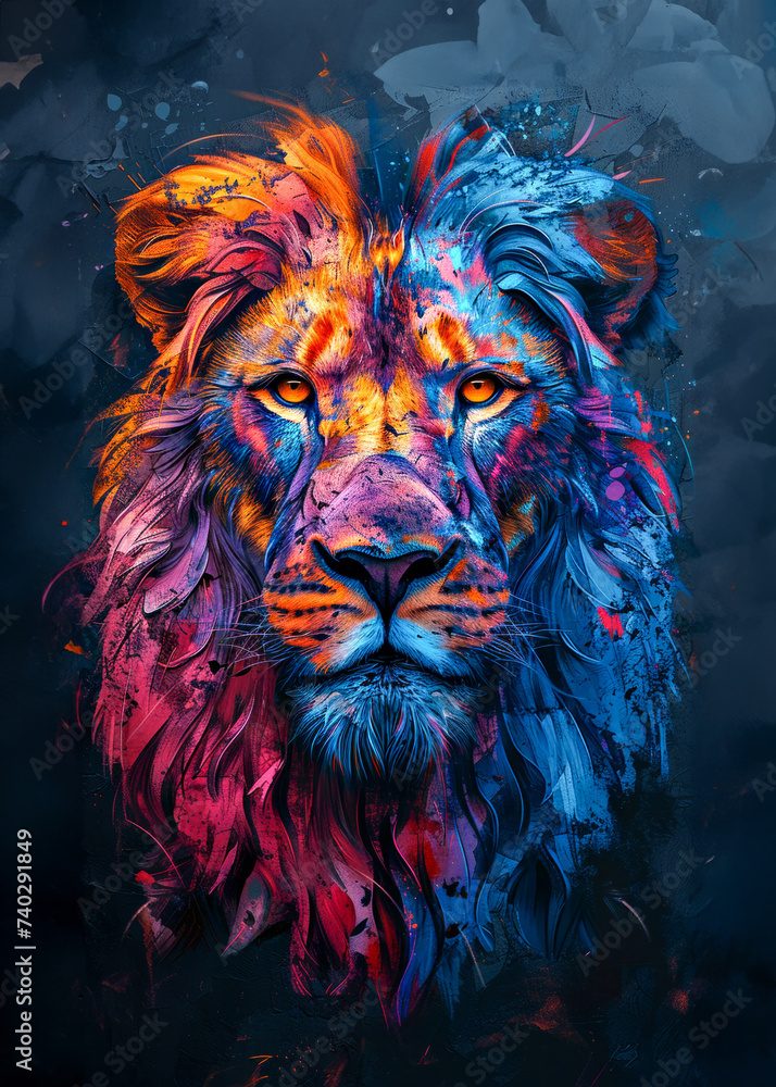 Lion head with colorful abstract background. Fantasy animal portrait.
