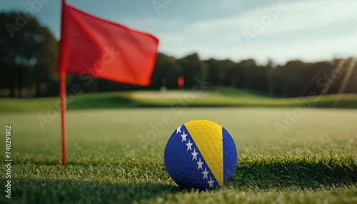 Golf ball with Bosnia and Herzegovina flag on green lawn or field  most popular sport in the world