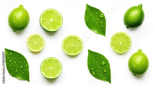 Vibrant Fresh Limes and Lime Slices with Glistening Water Drops on Citrus Leaves photo