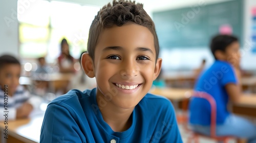 Young Boy Smiling in Classroom. Generative AI.