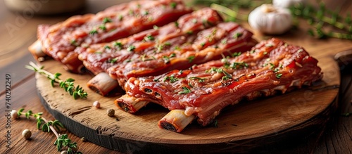 A wooden cutting board is displayed with slices of meat neatly arranged on top. The meat appears to be seasoned with thyme and garlic, ready for cooking or grilling.