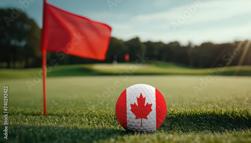 Golf ball with Canada flag on green lawn or field, most popular sport in the world