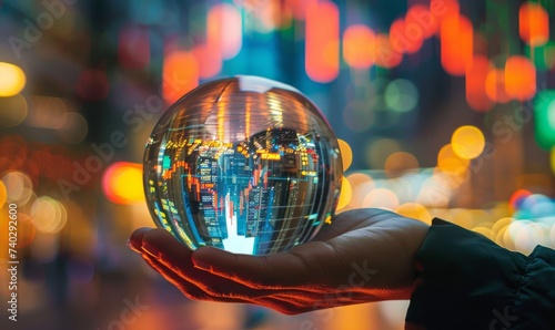 Hand holding a crystal ball, symbolizing the concept of predicting future stock market prices photo