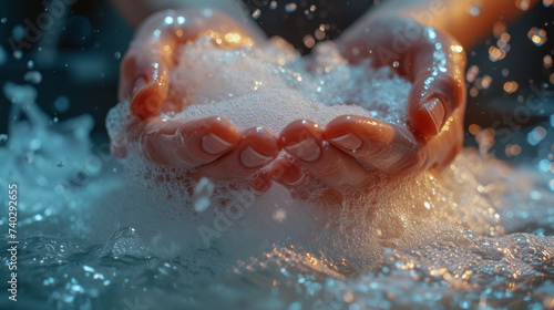 Washing hands with soap.