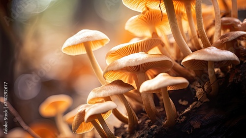 Vibrant Mushrooms Flourishing on a Weathered Tree Stump in Lush Forest Setting