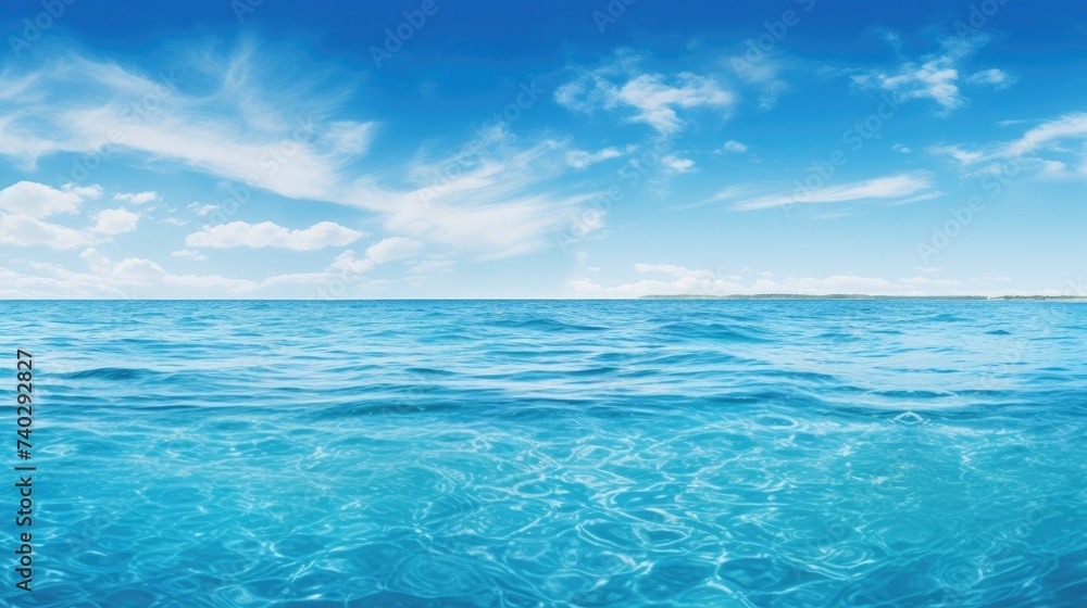 Fototapeta premium Serene Blue Water Panorama: Peaceful Ocean Scene with Calm Waves and Clear Sky