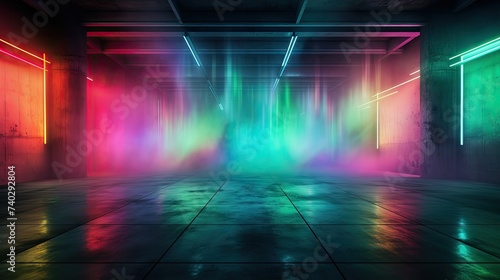 Mesmerizing Neon Lights Illuminate an Empty Room with Colorful Laser Lines and Abstract Patterns © StockKing